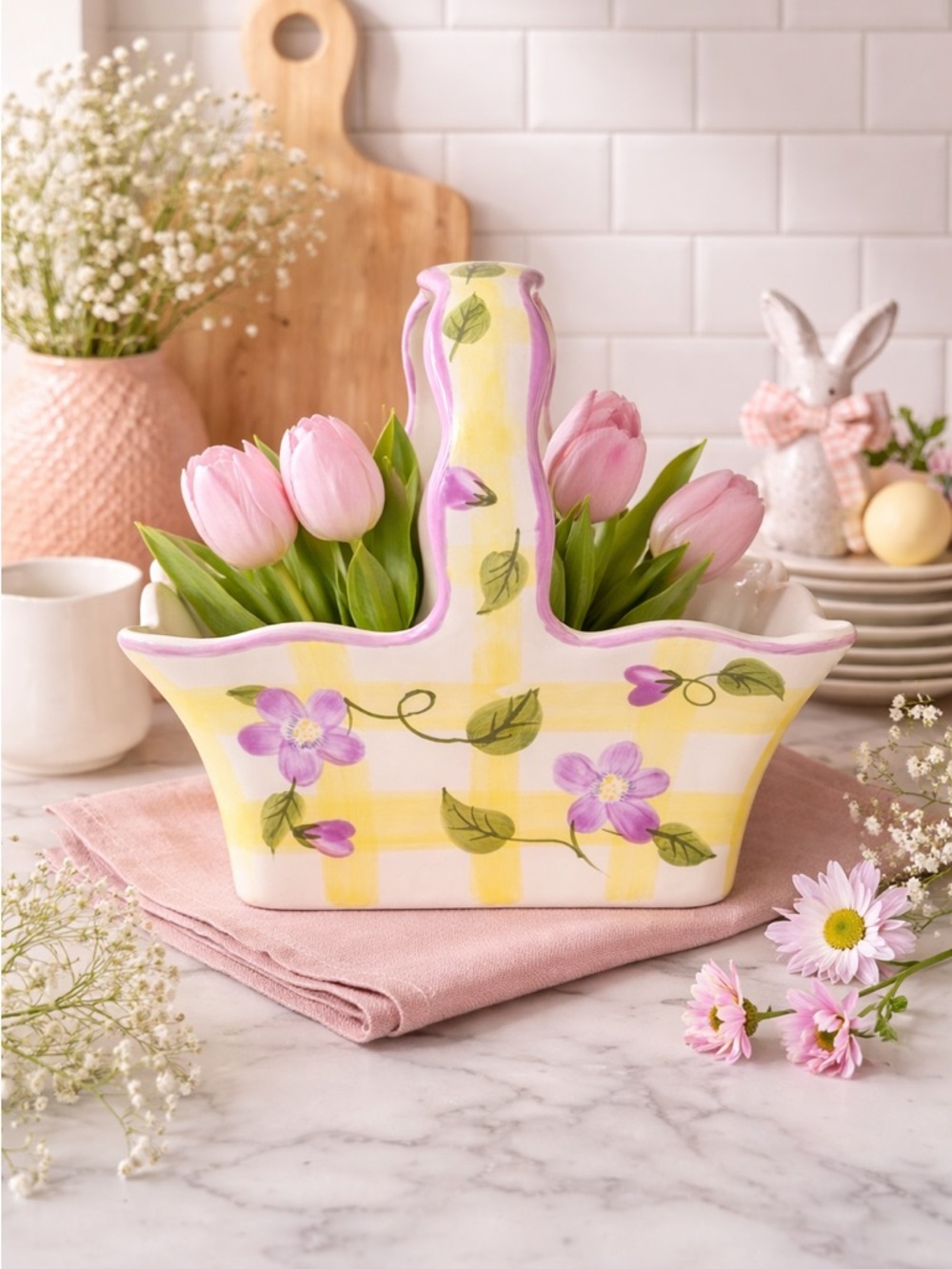 Teleflora Ceramic Easter Basket Floral Gingham Spring Decor